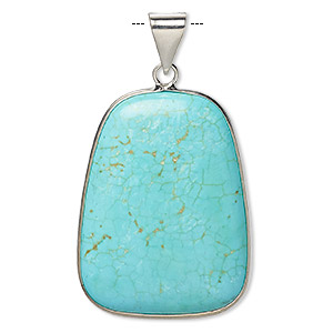 Pendant, magnesite (dyed / stabilized) and imitation rhodium-plated brass, blue, 36x27mm double-sided trapezoid, B grade, Mohs hardness 3-1/2 to 4. Sold individually.