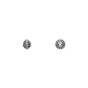 Bead, antique silver-plated &quot;pewter&quot; (zinc-based alloy), 5x3mm-5x4mm double-sided corrugated double cone. Sold per pkg of 100.