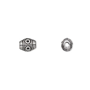 Bead, antique silver-plated &quot;pewter&quot; (zinc-based alloy), 8x6mm fancy barrel. Sold per pkg of 50.