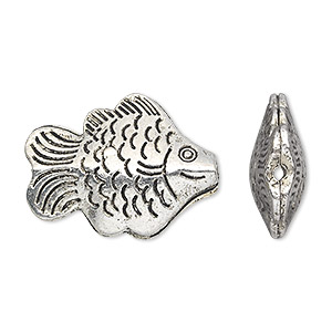 Bead, antique silver-plated &quot;pewter&quot; (zinc-based alloy), 26x19mm hollow fish. Sold per pkg of 10.