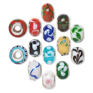Bead mix, Dione&reg;, lampworked glass with silver-plated brass grommets, opaque and semitransparent mixed colors, 14x9mm rondelle with swirls. Sold per pkg of 14.