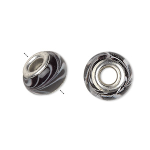 Bead, Dione&reg;, lampworked glass with silver-plated brass grommets, opaque and semitransparent black and white, 14x9mm rondelle with swirls. Sold per pkg of 6.
