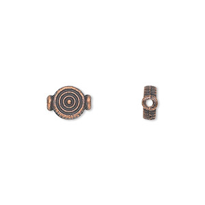 Bead, antique copper-plated &quot;pewter&quot; (zinc-based alloy), 9x7mm double-sided flat round with target design. Sold per pkg of 50.