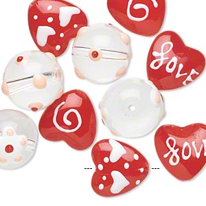 Bead, Glass Epoxy, Multicolored, 14mm Round 14x14mm Double-sided Flat Heart Valentine-themed Designs. Sold Per Pkg 10