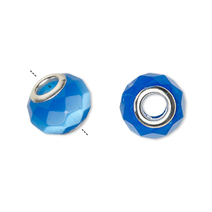 Bead, Dione&reg;, cat&#39;s eye glass (fiber optic glass) and silver-plated brass grommets, blue, 13x10mm-14x10mm faceted rondelle. Sold per pkg of 4.