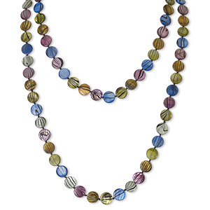 Necklace, mother-of-pearl shell (dyed / coated), multicolored, 12mm flat round, 45-inch knotted continuous loop. Sold individually.
