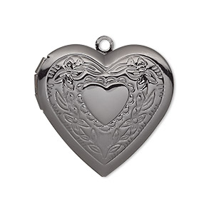 Charm, gunmetal-plated brass, 29x27mm single-sided heart locket with stamped heart and flower design. Sold per pkg of 2.
