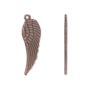 Charm, antique copper-plated &quot;pewter&quot; (zinc-based alloy), 28x9mm double-sided wing. Sold per pkg of 10.