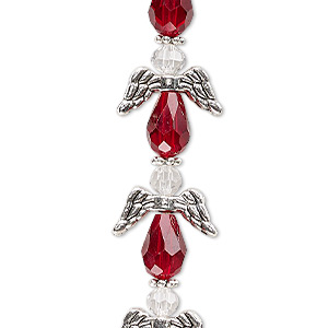 Bead, crystal and antique silver-plated &quot;pewter&quot; (zinc-based alloy), transparent red and clear, 17x14mm angel. Sold per pkg of 6.