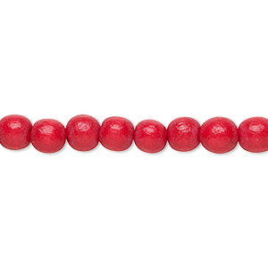 Bead, Taiwanese cheesewood (dyed / waxed), red, 5-6mm round. Sold per pkg of (2) 15-1/2&quot; to 16&quot; strands.