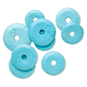 Focal and component mix, magnesite (dyed / stabilized), blue, 20-40mm round donut, C grade, Mohs hardness 3-1/2 to 4. Sold per 100-gram pkg, approximately 5 pieces.