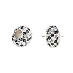 Bead, Dione&reg;, Czech glass rhinestone / epoxy / imitation rhodium-plated brass grommet, white / black / clear, 13x8mm-14x8mm rondelle with spiral design, 4.5mm hole. Sold individually.