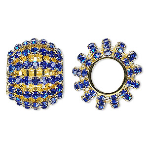 Bead, glass rhinestone and gold-finished brass, cobalt, 25x20mm barrel, 11.5mm hole. Sold individually.
