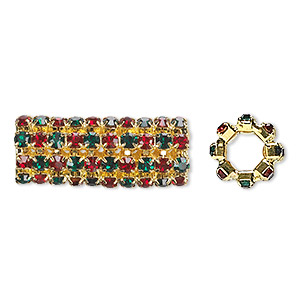 Bead, glass rhinestone and gold-finished brass, ruby red and emerald green, 32x13mm cylinder, 7.5mm hole. Sold individually.