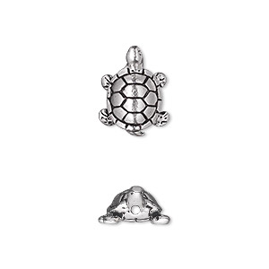 Bead, TierraCast&reg;, antique silver-plated pewter (tin-based alloy), 15x11.5mm 3D turtle. Sold per pkg of 2.