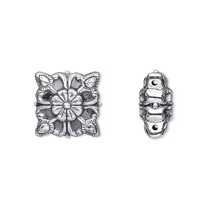 Spacer bead, antiqued sterling silver, 14mm 2-strand double-sided puffed square with fancy flower design. Sold individually.