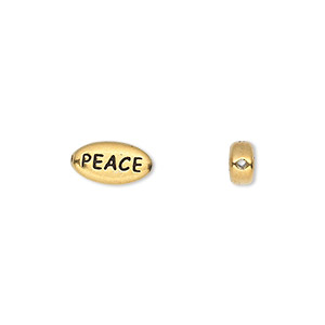 Bead, TierraCast&reg;, antique gold-plated pewter (tin-based alloy), 11x6mm side-drilled double-sided flat oval with &quot;PEACE.&quot; Sold per pkg of 2.