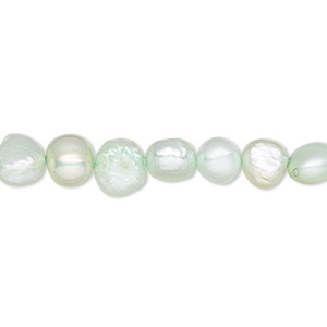 Pearl, cultured freshwater (dyed), soft green, 6-7mm flat-sided potato, D grade, Mohs hardness 2-1/2 to 4. Sold per 16-inch strand.