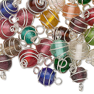 Link mix, glass and silver-finished brass, transparent mixed colors, 8mm wire-wrapped round. Sold per pkg of 50.