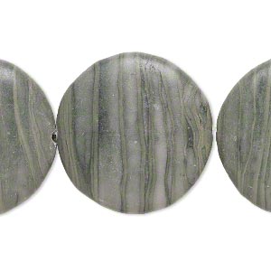 Bead, green line stone (natural), 33mm flat round, B- grade, Mohs hardness 3. Sold per pkg of 3.