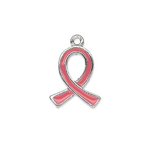 Charm, silver-plated &quot;pewter&quot; (zinc-based alloy) and enamel, pink, 18x15mm single-sided awareness ribbon. Sold individually.