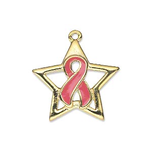 Charm, gold-finished &quot;pewter&quot; (zinc-based alloy) and enamel, pink, 25x23mm open star with single-sided awareness ribbon. Sold individually.
