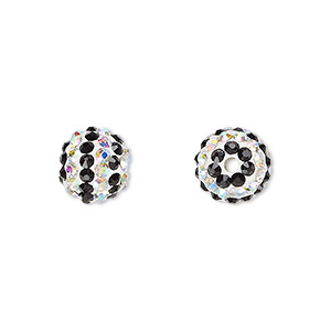 Bead, Egyptian glass rhinestone / epoxy / resin, white / black / clear AB, 10mm round with pav&#233; striped design. Sold individually.
