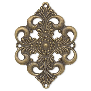 Focal, antique gold-plated steel, 42x30mm single-sided filigree diamond with 4 loops. Sold per pkg of 10.
