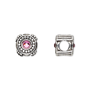 Bead, Dione&reg;, antique silver-plated pewter (tin-based alloy) and crystal rhinestone, rose, 10mm double-sided round. Sold individually.