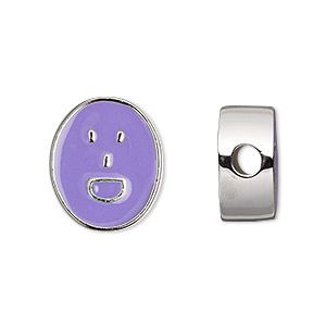 Bead, Dione&reg;, silver-finished &quot;pewter&quot; (zinc-based alloy) and enamel, light purple, 18x16mm double-sided flat oval with laughing emoticon face, 4mm hole. Sold individually.