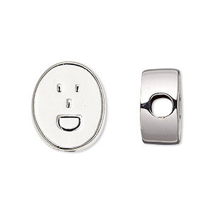 Bead, Dione&reg;, silver-finished &quot;pewter&quot; (zinc-based alloy) and enamel, white, 18x16mm double-sided flat oval with laughing emoticon face, 4mm hole. Sold individually.