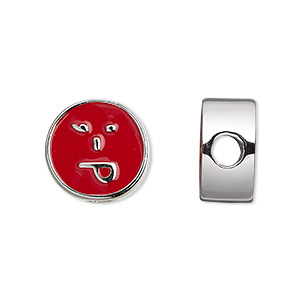 Bead, Dione&reg;, enamel and silver-finished &quot;pewter&quot; (zinc-based alloy), red, 16mm double-sided flat round with playful emoticon face and 4mm hole. Sold individually.