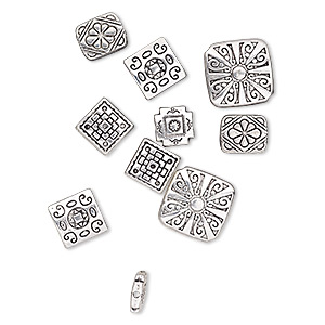 Bead mix, antique silver-plated &quot;pewter&quot; (zinc-based alloy), 10x10mm-17x17mm double-sided square and 12x10mm double-sided rectangle. Sold per pkg of 10.