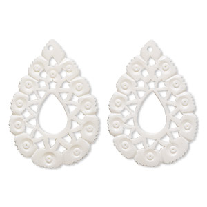 Focal, camel bone (bleached), white, 47x33mm hand-cut single-sided flat open teardrop with cutout flower design, Mohs hardness 2-1/2. Sold per pkg of 2.