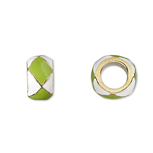 Bead, Dione&reg;, enamel and gold-finished &quot;pewter&quot; (zinc-based alloy), opaque lime green and white, 13x7mm rondelle with 7mm hole. Sold individually.