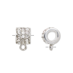 Bead, Dione&reg;, glass rhinestone and imitation rhodium-plated &quot;pewter&quot; (zinc-based alloy), clear, 10x9mm round tube with closed loop. Sold per pkg of 2.