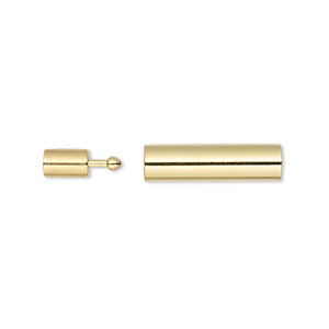 Clasp, pop-style, gold-plated brass, 18x5mm glue-in round tube with 3mm inside diameter. Sold per pkg of 4.