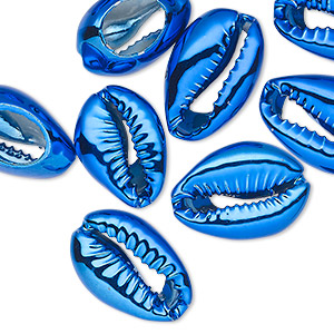 Component, electroplated cowrie shell, blue, 16x11mm-19x12mm hand-cut cowrie, Mohs hardness 3-1/2. Sold per pkg of 10.