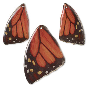 Focal, laminated wood and paper, orange / black / multicolored, (2) 40x24mm and (1) 54x38mm double-sided butterfly wing. Sold per 3-piece set.