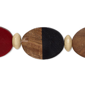 Bead, yellow boxwood and resin (assembled), red / purple / black, 23x18mm oval. Sold per 6-inch strand, approximately 6 beads.