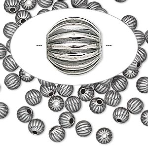 Bead, antiqued sterling silver, 5mm seamless corrugated round. Sold per pkg of 10.