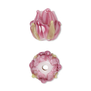 Bead, lampworked glass, opaque multicolored, 15x14mm flower. Sold per pkg of 2.