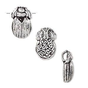Slide, antique silver-plated white brass, 16x10mm two-sided beetle with 2.5mm hole. Sold individually.