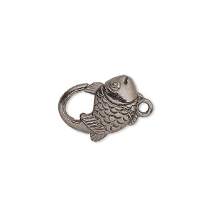 Clasp, lobster claw, gunmetal-plated &quot;pewter&quot; (zinc-based alloy), 16.5x12mm with double-sided fish design. Sold per pkg of 8.