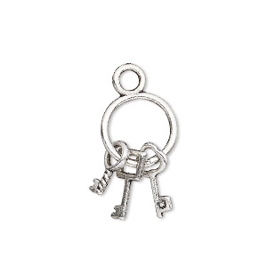 Charm, antique silver-plated &quot;pewter&quot; (zinc-based alloy), 21x12mm double-sided key ring with (3) keys. Sold per pkg of 10.