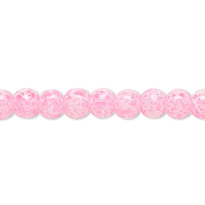 Bead, glass, opaque light pink / white / clear, 5-6mm round with random spotted pattern. Sold per 15-1/2&quot; to 16&quot; strand.