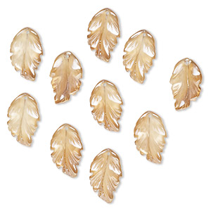Drop, pressed glass, translucent champagne luster, 28 x 17mm pressed leaf, top-drilled. top-drilled. Sold per pkg of 10.