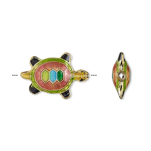 Bead, enamel and gold-finished copper, multicolored, 20x13mm turtle. Sold per pkg of 4.