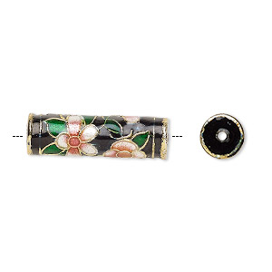 Bead, enamel and gold-finished copper, black / pink / green, 23x7mm round tube with flower design. Sold per pkg of 4.