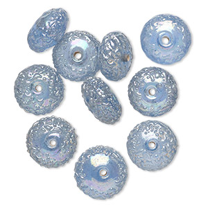 Bead, lampworked glass, translucent aqua blue AB, 15x8mm textured rondelle. Sold per pkg of 10.